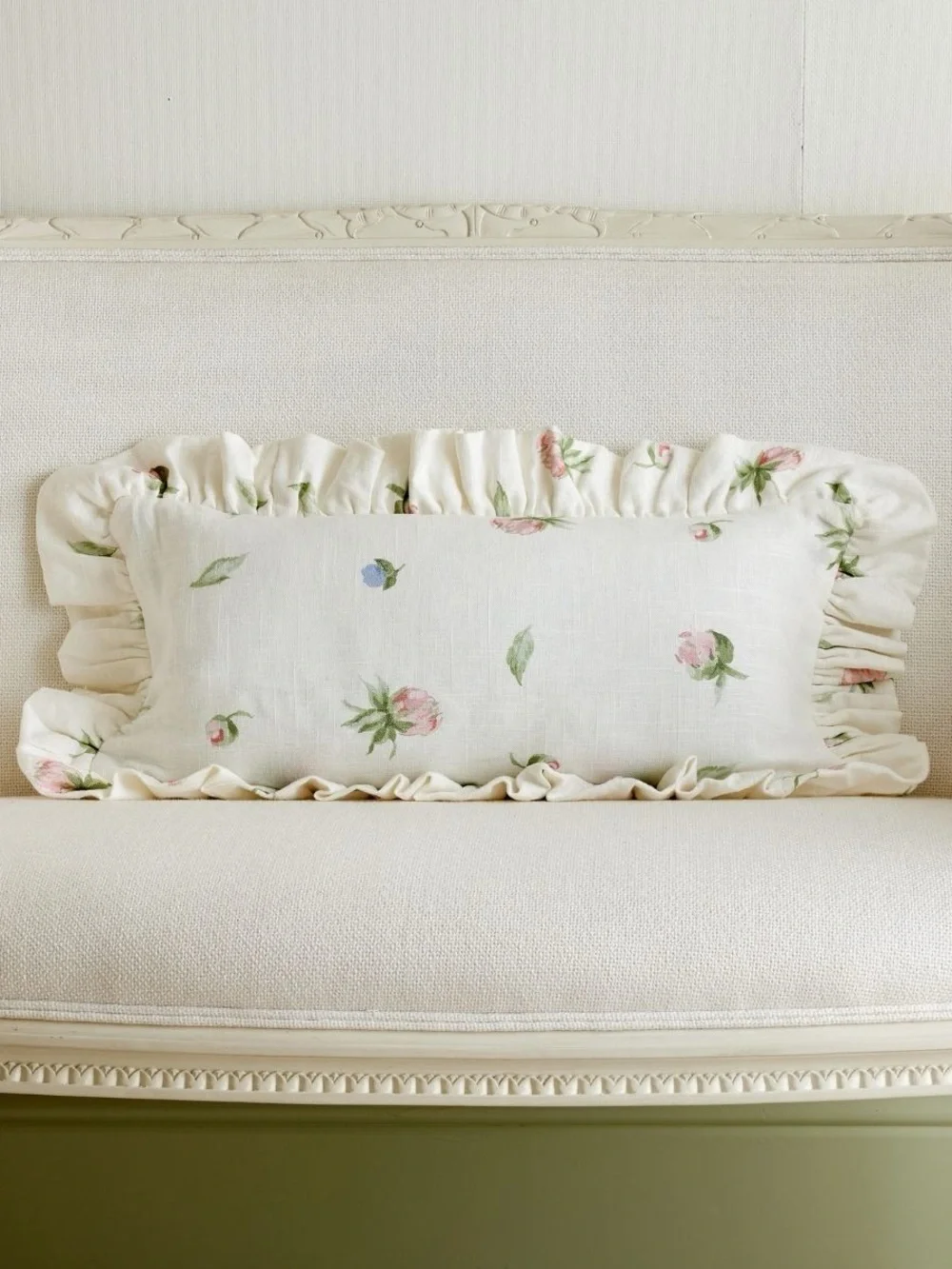 Cream Floral Ruffle Lumbar Pillow with Pink & Green Accents